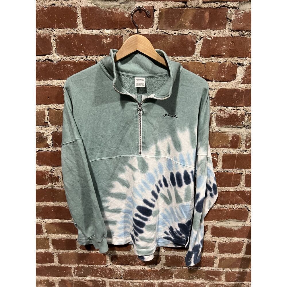 Pink by Victoria Secret Green Tye Dye Pattern Pullover Sweatshirt Sz XS 1/4 Zip